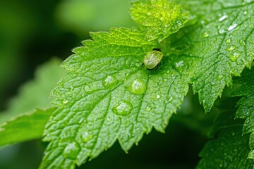 Close-up of Green Leaf with Water Droplets and Insect Detail