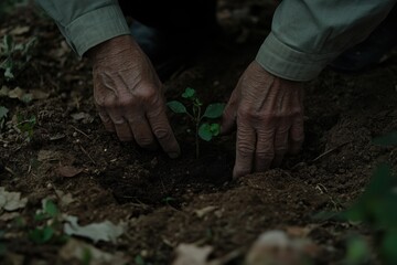Hands Planting Young Seedling in Soil Surrounded by Leaf Litter