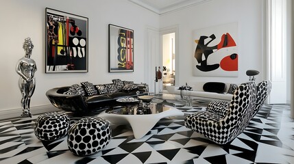 Modern living room with artistic paintings and stylish furnishings
