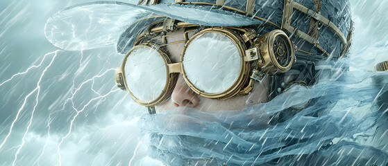 Steampunk explorer braving a lightning storm. Perfect for a sci-fi fantasy novel cover. The goggles are iconic for such adventures.