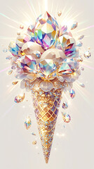 The Luxurious Crystal Gemstone Ice Cream Cone of Sparkling Fantasy Dessert. Ideal for use in digital art, posters, branding, and unique decorative compositions.