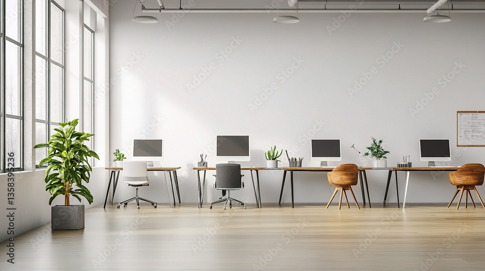 Poster contemporary office setup featuring desks and computers in workspace