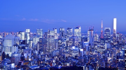 Obraz premium City skyline at dusk, illuminated buildings and glowing lights under a dark blue sky