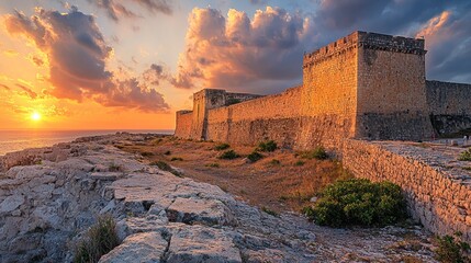 Fototapeta premium Coastal sunset view of ancient fortress walls