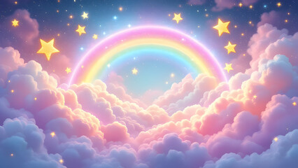 Dreamy Pastel Clouds with Rainbow and Golden Stars &ndash; Fantasy Sky Illustration for Children's Themes and Imagination Concepts