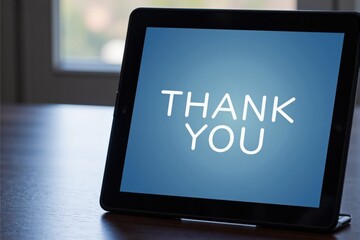 Digital Display of Gratitude: Close-Up of a Tablet Screen Showing the Text 'Thank You' in Bold White Font Against a Soft Blue Background Indoors