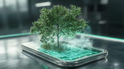 A tree grows from a smartphone screen. The image symbolizes sustainable technology green energy and digital nature. Great for tech ads.