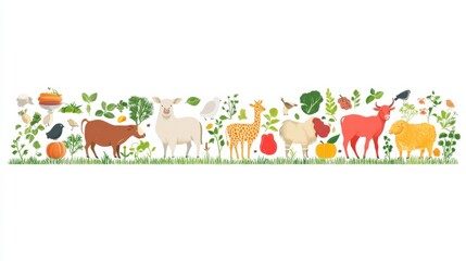 Colorful Farm Animals and Fresh Vegetables in a Nature Landscape