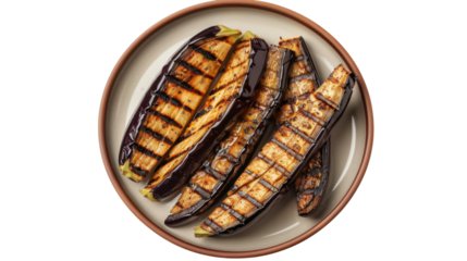 Grilled eggplant slices served on a round plate with transparent background