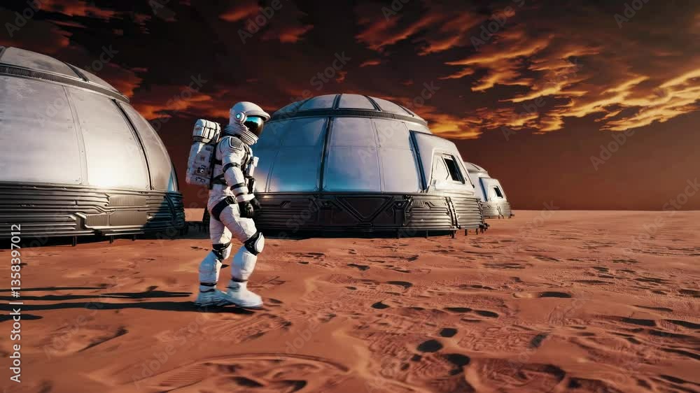 Aufkleber astronaut walking on red desert landscape with modular habitat structures of martian base