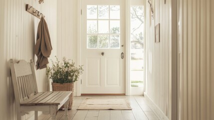 Bright White Entryway with Wooden Bench and Flowers