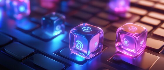 Glowing translucent dice on a keyboard in neon lighting.