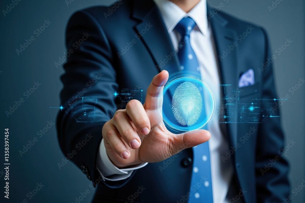 Poster a professional businessman in a tailored suit utilizing futuristic biometrics technology to enhance 