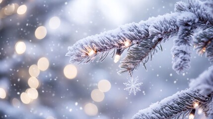 Snowy Fir Branch with Warm Lights and Bokeh