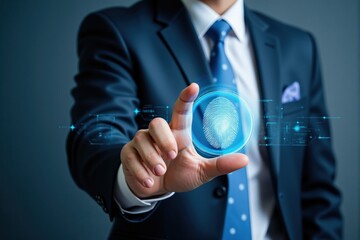 A Professional Businessman in a Tailored Suit Utilizing Futuristic Biometrics Technology to Enhance Security and Authentication in a Modern Office Environment
