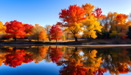 Obraz premium Autumn foliage reflected in lake water scenic landscape fall season nature photography beautiful day 100