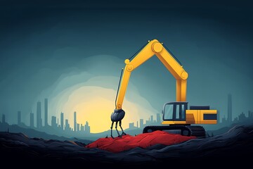 Excavator Digging Urban Sunset.