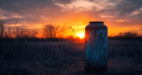 Rustic jar in a field at vibrant sunset.