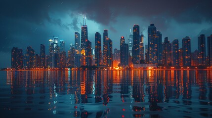 Fototapeta premium Night city skyline reflected in water, stormy weather, urban landscape, digital illustration