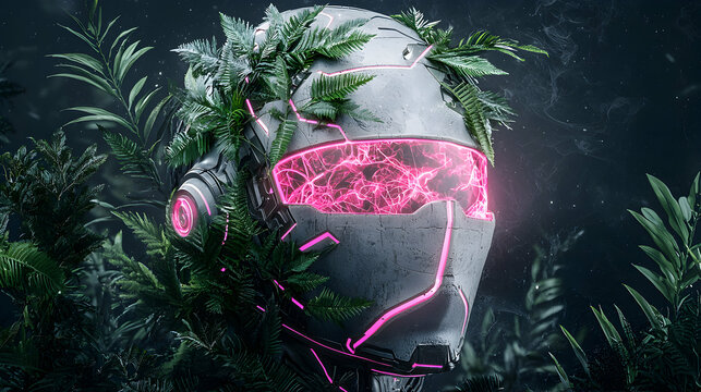 A sci-fi helmet overgrown with lush plants glowing with neon pink. This could be a unique wallpaper or concept art.