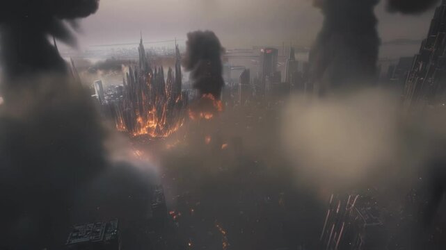 Aerial view of a cityscape under siege by immense fractal entities each devouring multiple buildings simultaneously while smaller copycat versions replicate in the background creating