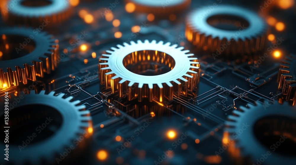 Aufkleber complex gear system on circuit board. detailed close-up view of interconnected gears and circuit tra