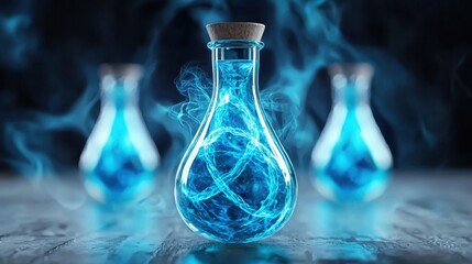 Dimly Lit Laboratory with Swirling Blue Liquid in Glass Bottle Emitting Ethereal Smoke Illustrating Magical Chemistry Effects