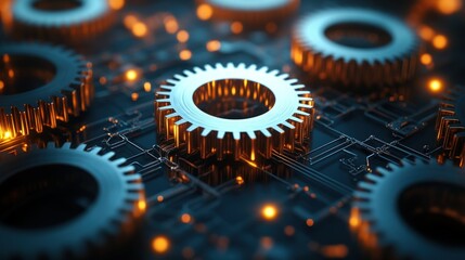 Complex gear system on circuit board.  Detailed close-up view of interconnected gears and circuit traces.  Illuminated by orange lights