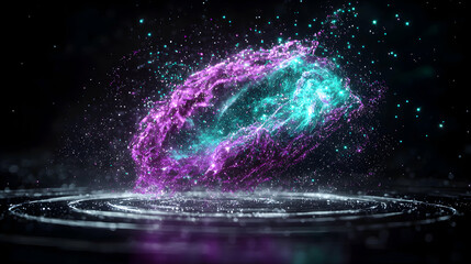 Obraz premium A captivating cosmic display of swirling nebulae in vibrant purple and teal above a circular platform. Suitable for futuristic design or abstract art.