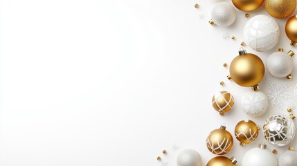 Elegant Christmas Ornament Border: Gold and White Festive Decorations on White Background