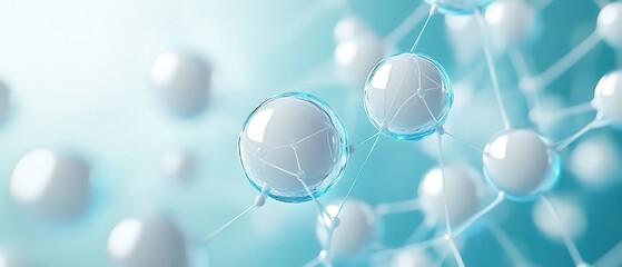 Abstract molecular structure with interconnected spheres on a blue background.