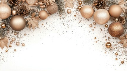 Elegant gold and bronze Christmas ornaments with pine branches and pinecones on a white background for festive designs