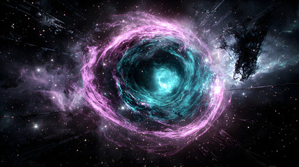 A cosmic vortex swirls with vibrant colors. Ideal for science fiction art backgrounds and futuristic designs. Evokes space travel and otherworldly phenomena.