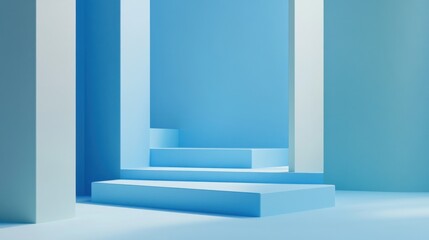 Abstract Blue Minimalist Stage Design: A Serene 3D Render