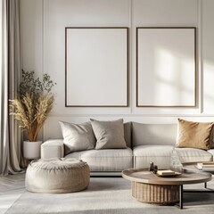 Elegant living room with neutral tones, two blank frames, sofa, and ottoman.