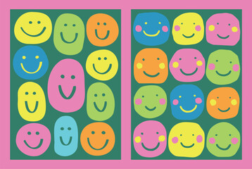 Colorful Smiley Faces On Green Background With Pink Border