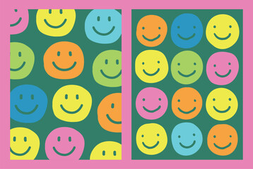 Colorful Smiley Faces On Green Background With Pink Border