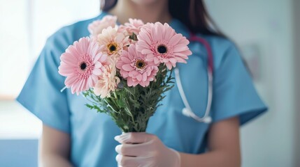 A nurse receiving flowers as appreciation for hard work.