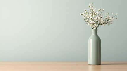 A minimalist vase with white flowers sits on a wooden table against a soft green wall, creating a serene and elegant atmosphere.