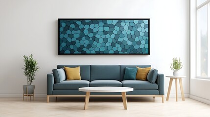 A modern living room featuring a blue sofa, decorative cushions, a round coffee table, and abstract wall art, creating a stylish and inviting atmosphere.