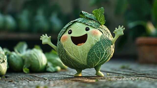 Cartoon cabbage character, happy, garden setting, cheerful vegetable, stock photo