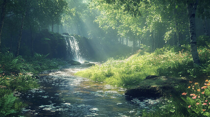 Sunlit Waterfall and Stream in the Forest