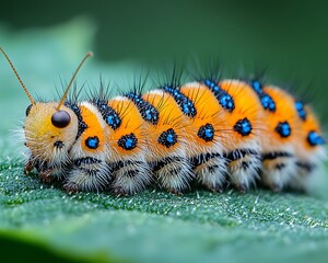 A colorful caterpillar with detailed patterns is resting on a leaf