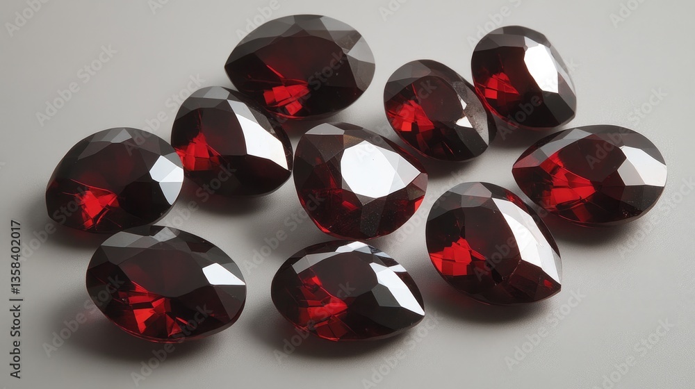 Poster a collection of faceted garnets, arranged in a cascading pattern to highlight their deep red glow.