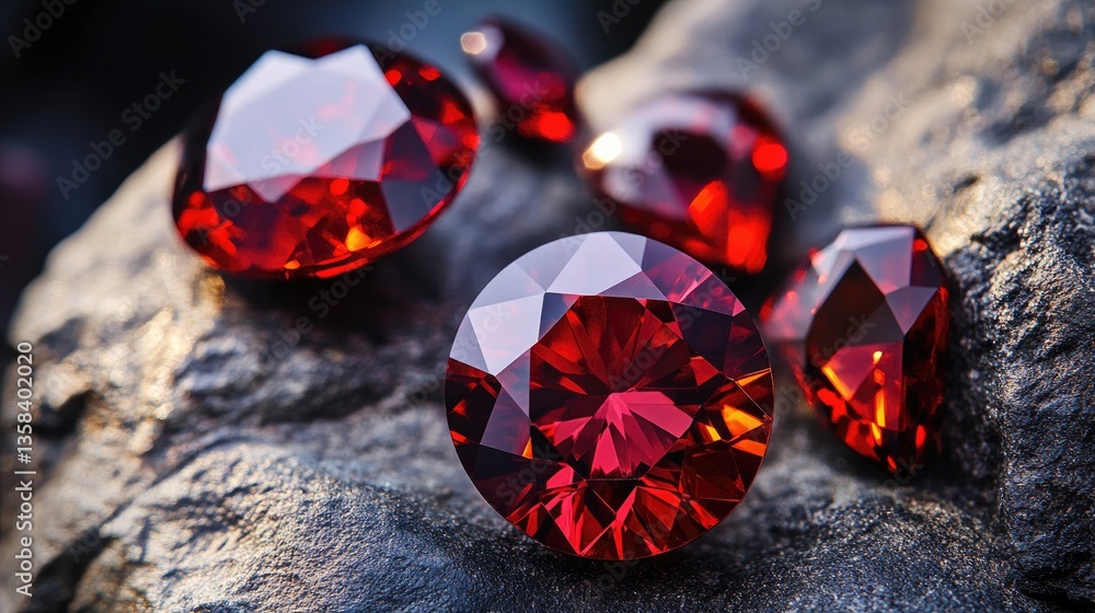 Poster a collection of faceted garnets, arranged in a cascading pattern to highlight their deep red glow.