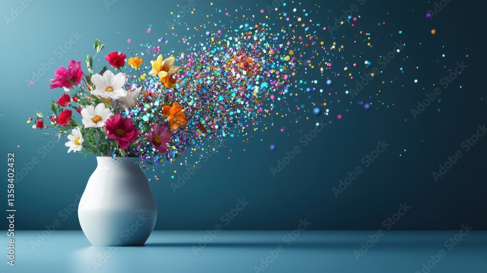 Poster a vase with flowers transitioning into a colorful data stream