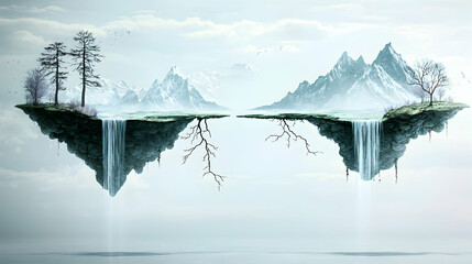 This image depicts two floating islands with waterfalls and mountains evoking a serene and surreal atmosphere. Application: Ideal for fantasy art book covers or desktop wallpapers.