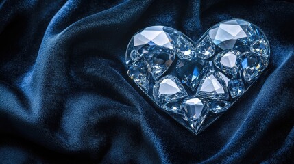 A collection of loose diamonds arranged in a heart shape on a deep velvet fabric.