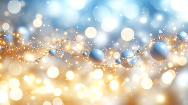 Close-up of blue, white, gold, and silver exosome particles inside transparent spheres, symbolizing biotechnology, scientific visualization in cosmetology and trichology, with blurred light tones high