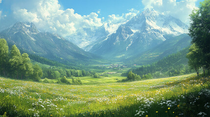 Naklejka premium mountain, landscape, sky, nature, mountains, grass, summer, forest, meadow, clouds, view, green, hill, travel, panorama, alps, field, valley, panoramic, snow, scenery, cloud, alpine, peak, beautiful